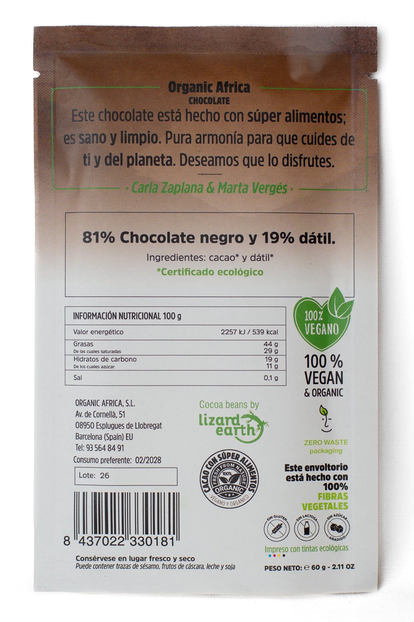 DARK CHOCOLATE 81% SWEETENED WITH DATES