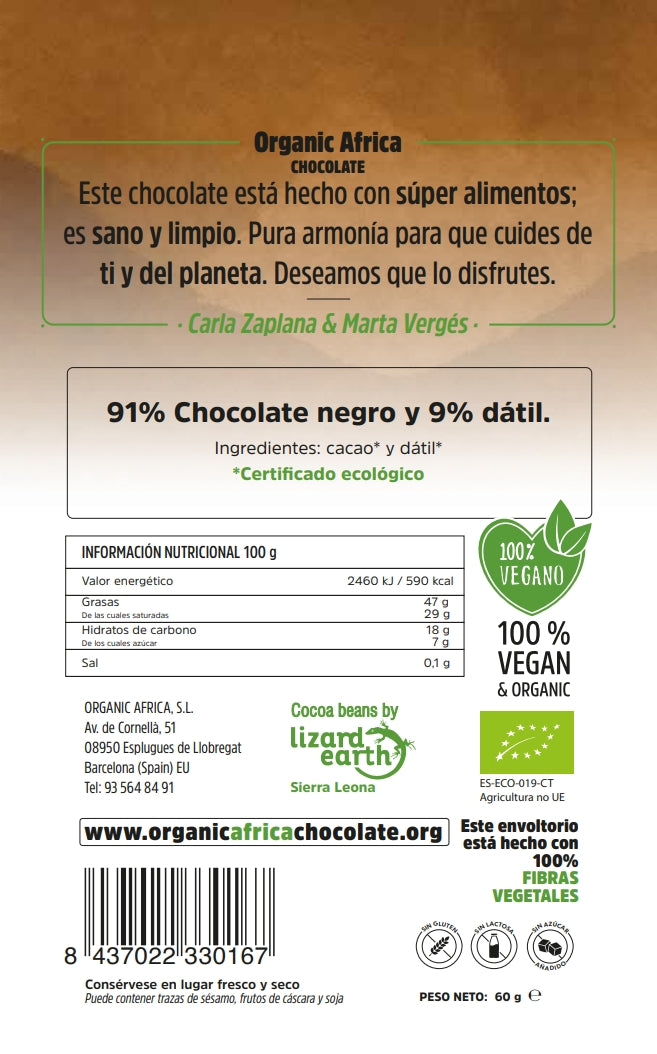 CHOCOLATE NEGRO 91% CACAO + 9% DÁTIL