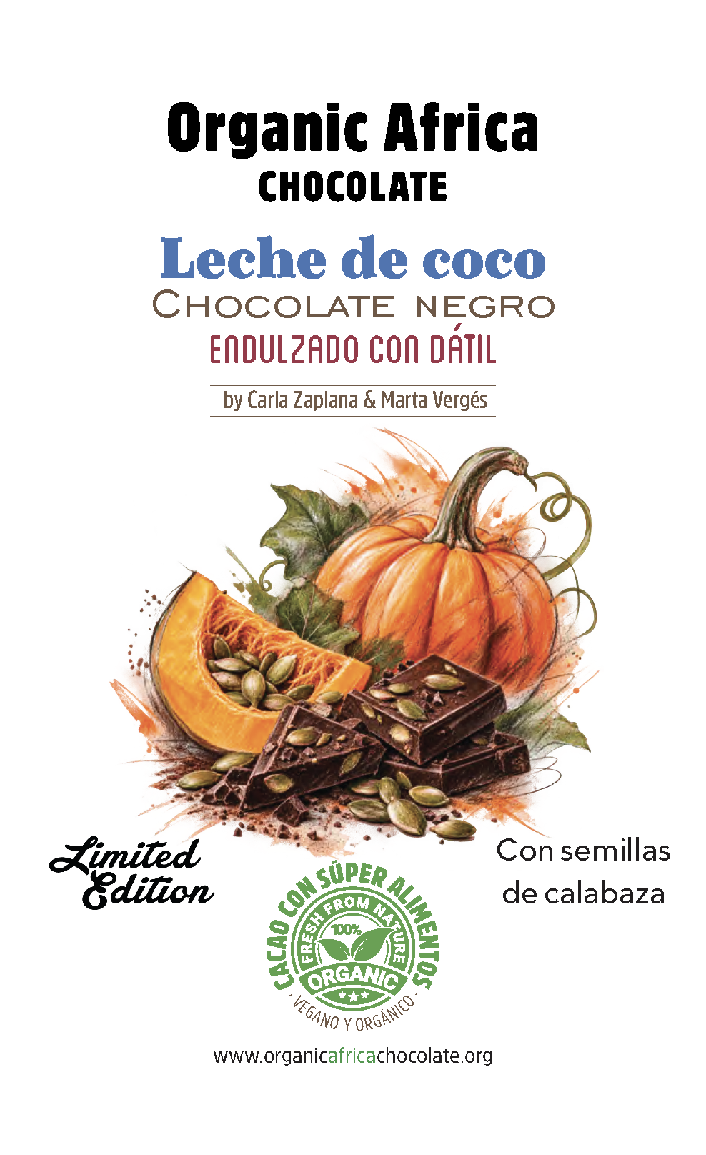 EDICIÓ LIMITADA HALLOWEEN - XOCOLATA NEGRA AMB LLET DE COCO, DÀTIL I LLAVORS DE CARBASSA ECOLÒGIQUES.