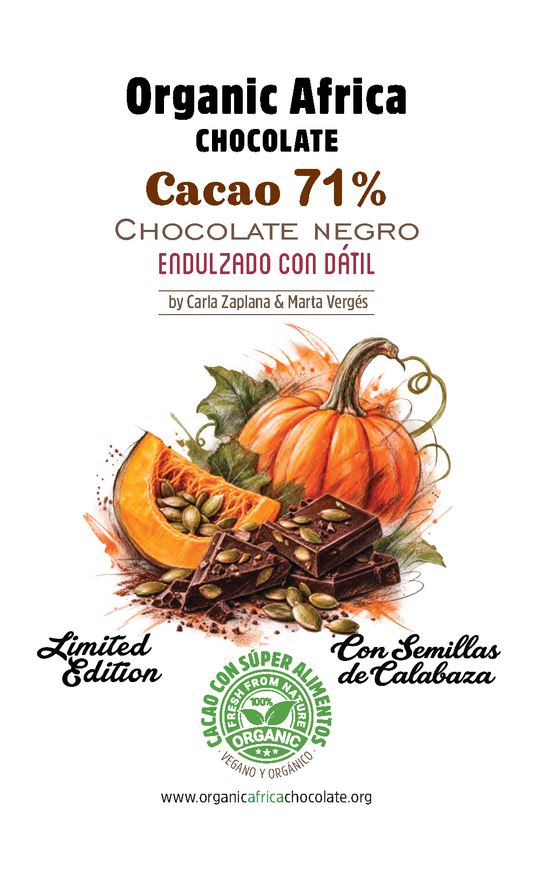 EDICION LIMITADA HALLOWEEN - CHOCOLATE NEGRO 71% CON DÁTIL Y SEMILLAS DE CALABAZA ECOLÓGICAS