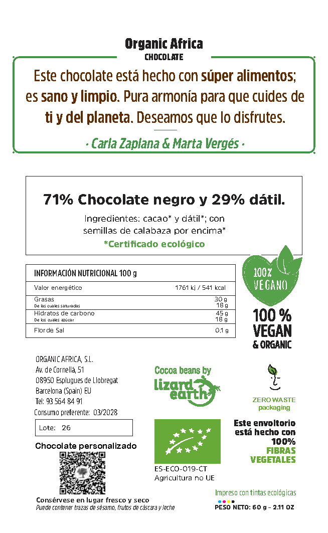 EDICION LIMITADA HALLOWEEN - CHOCOLATE NEGRO 71% CON DÁTIL Y SEMILLAS DE CALABAZA ECOLÓGICAS