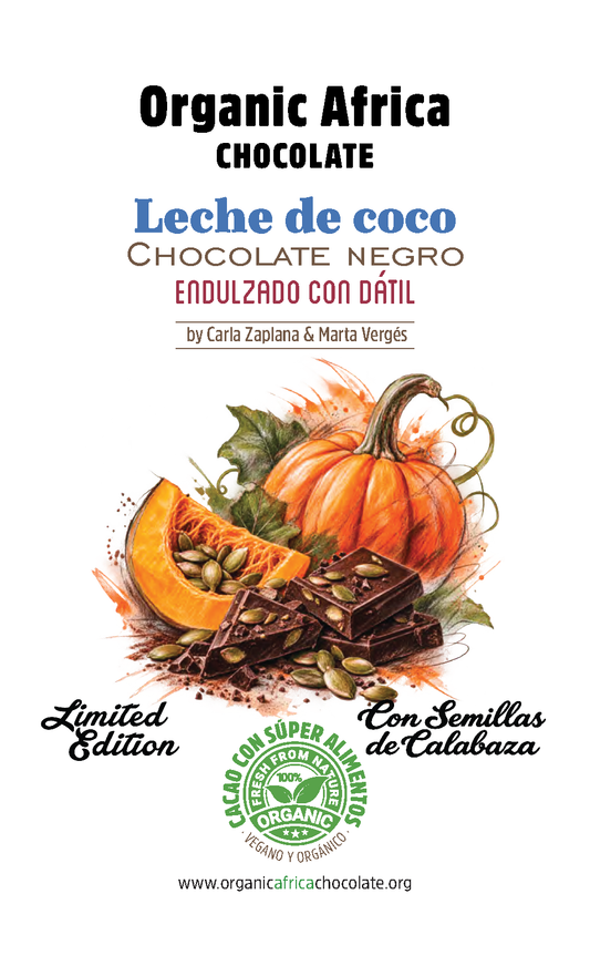 EDICIÓN LIMITADA HALLOWEEN - CHOCOLATE NEGRO CON LECHE DE COCO, DÁTIL Y SEMILLAS DE CALABAZA ECOLÓGICAS.