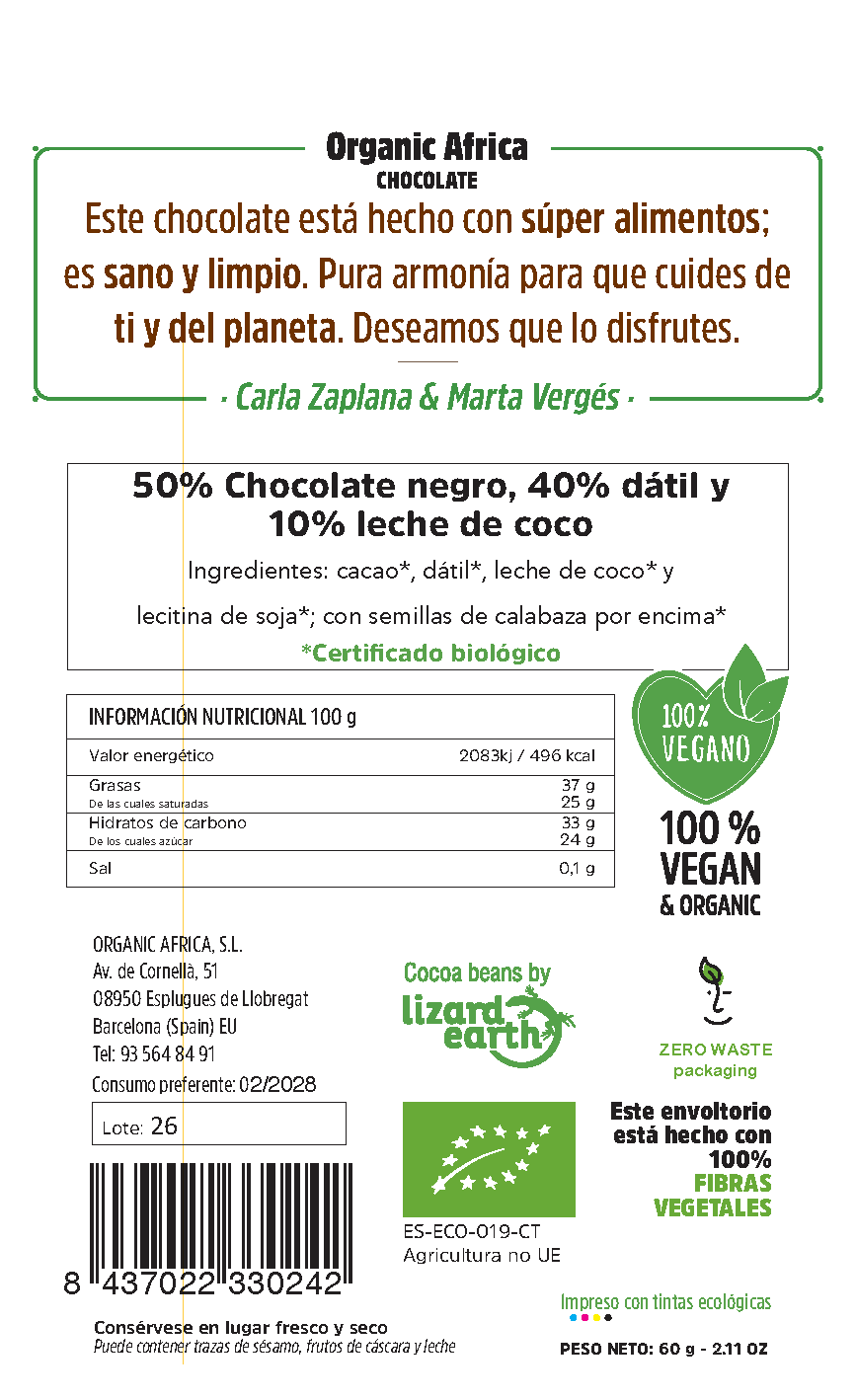 EDICIÓ LIMITADA HALLOWEEN - XOCOLATA NEGRA AMB LLET DE COCO, DÀTIL I LLAVORS DE CARBASSA ECOLÒGIQUES.